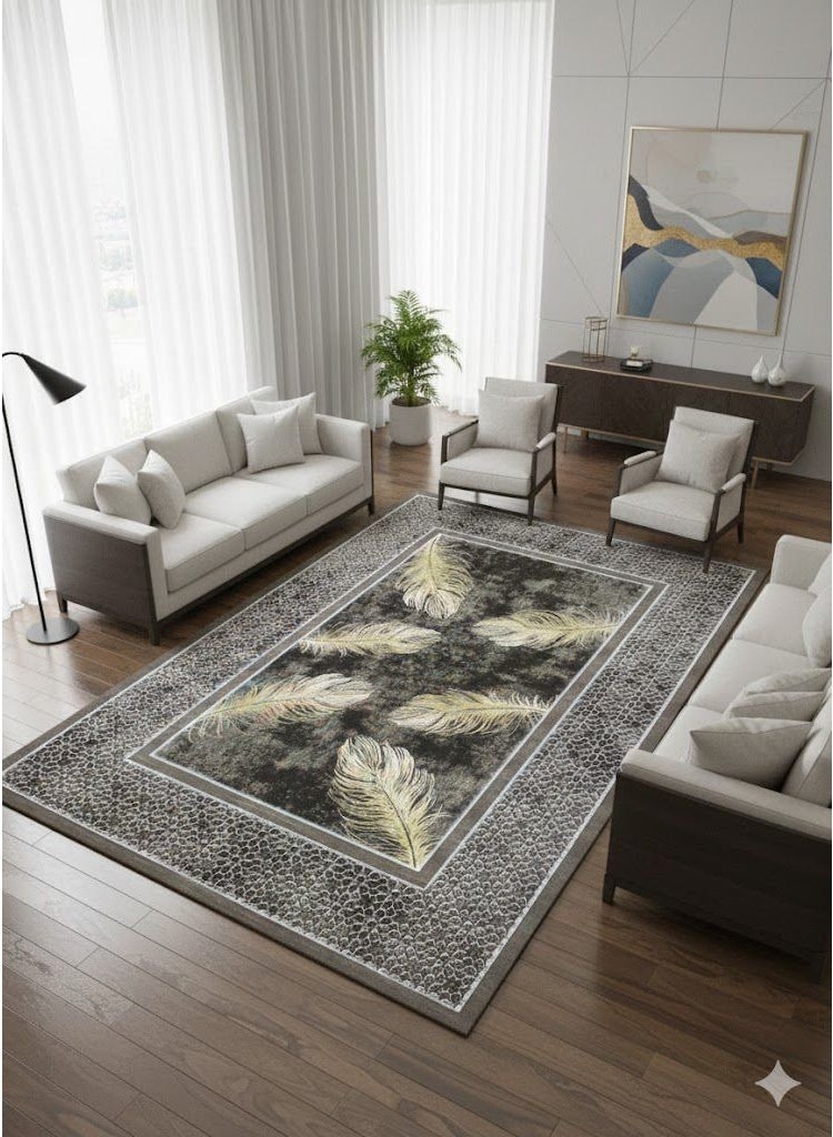 حافظة سجاد قطيفة ثري دي بتصميم ريش، ظهر من حبيبات الدوتس معالج ضد الانزلاق، 180×280 سم